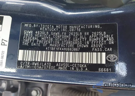2017 Toyota Camry Xle z USA, uszkodzony, nr VIN 4T1BF1FK4HU663867